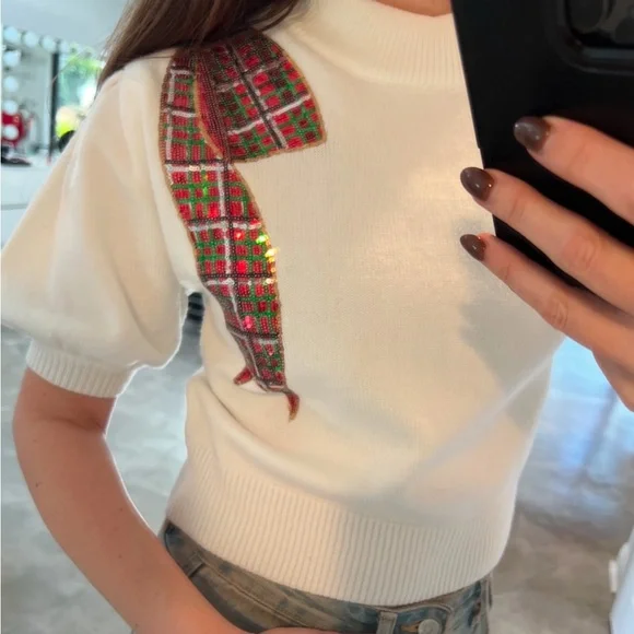 SEQUIN HOLIDAY PLAID BOW SWEATER - Picture 2 of 4